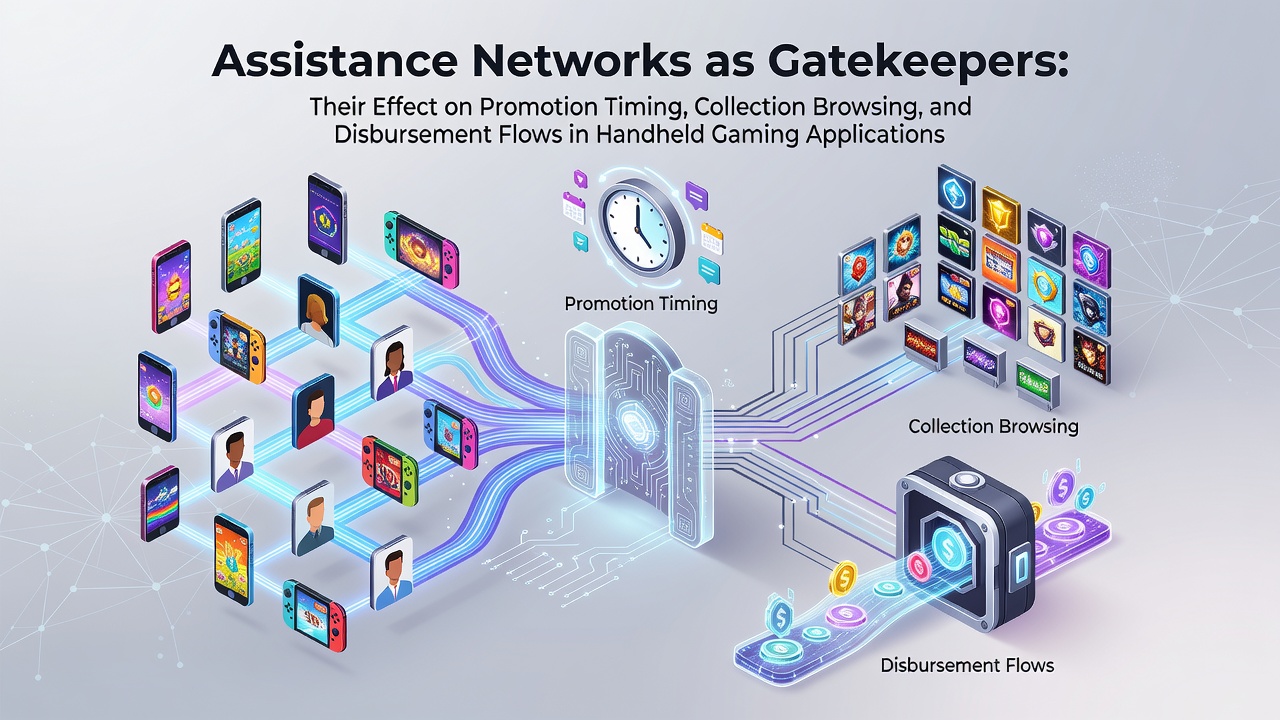 Illustration of customer support networks managing promotion access and game library navigation in mobile gaming apps