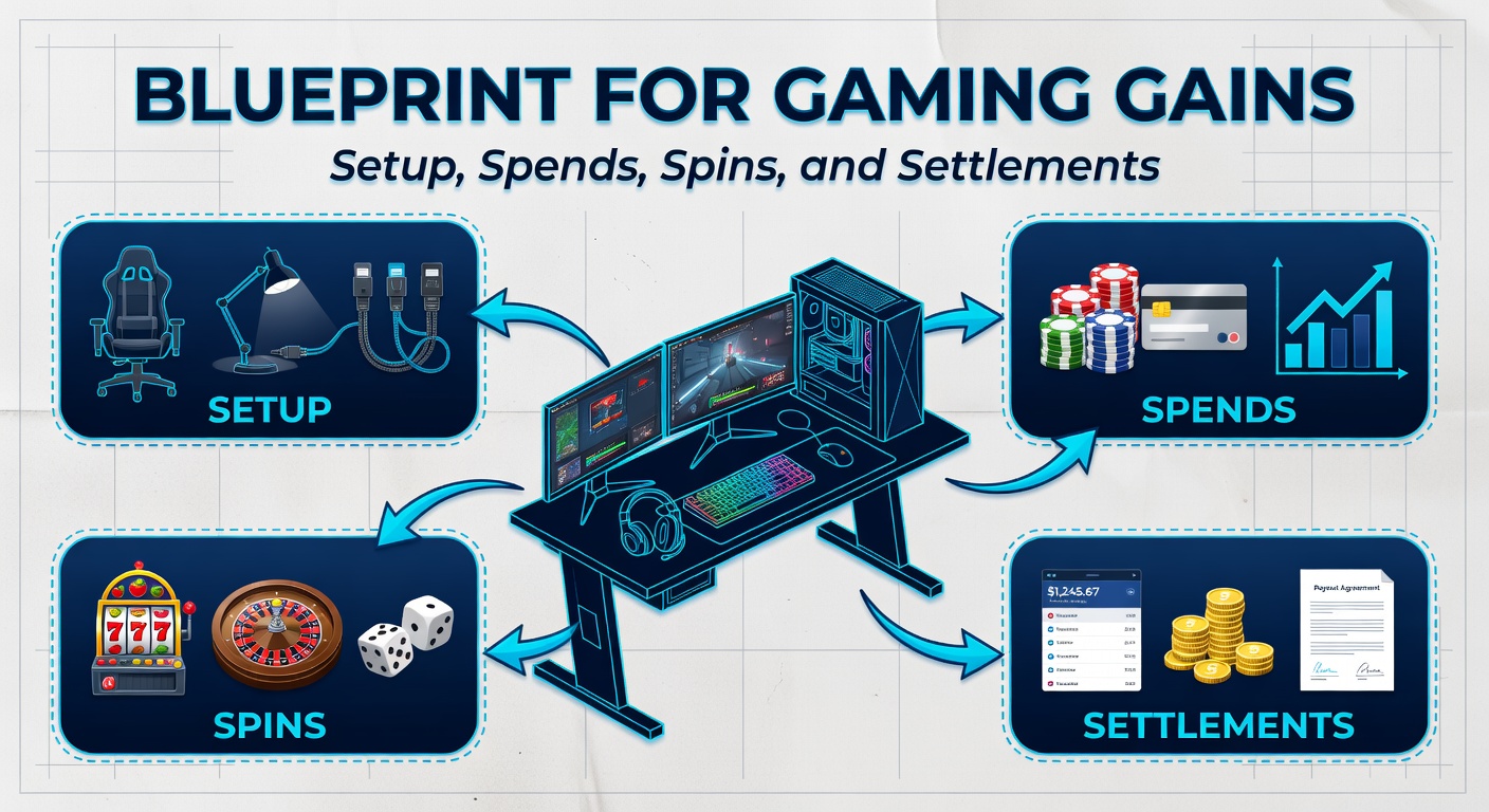 Visual blueprint outlining the four key phases of online gaming: setup, spends, spins, and settlements, with interconnected arrows showing progression
