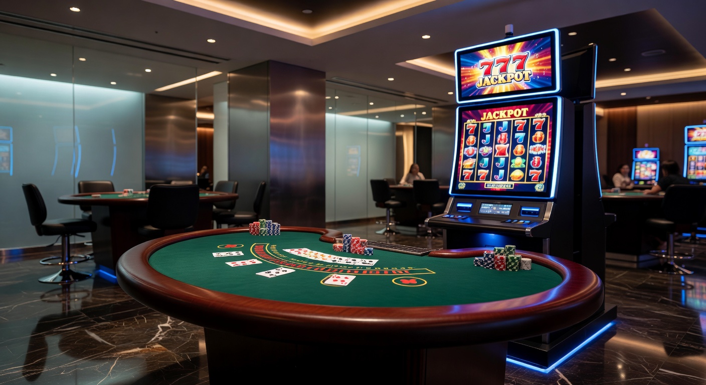 Classic roulette wheel spinning amid a bustling casino table, chips stacked high and players focused intently