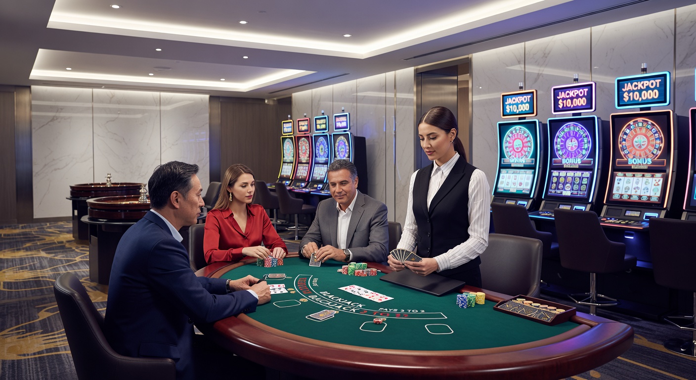 Array of colorful slot machines glowing under casino lights, levers pulled and reels spinning with jackpot symbols aligning