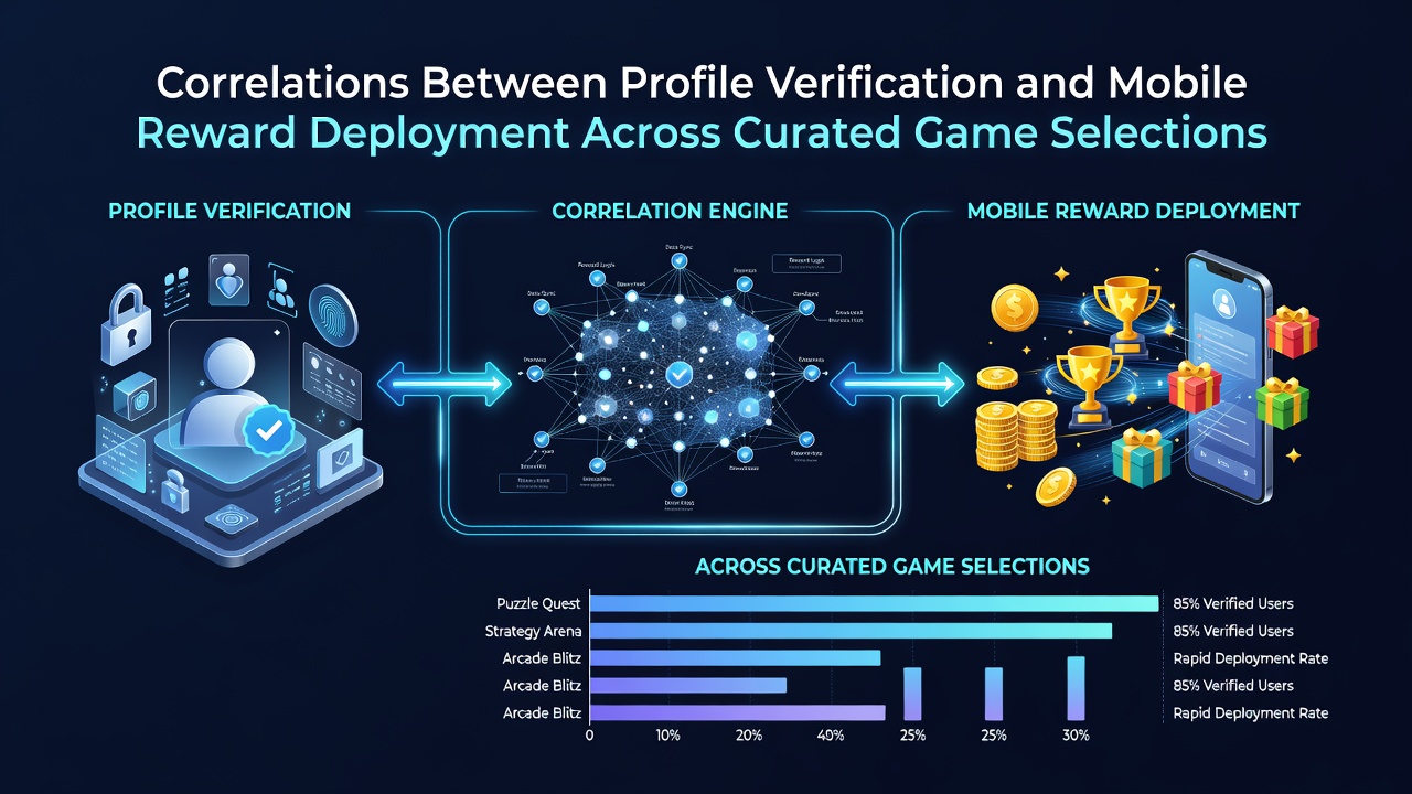 Mobile app interface showing profile verification steps alongside reward deployment indicators in curated game selections