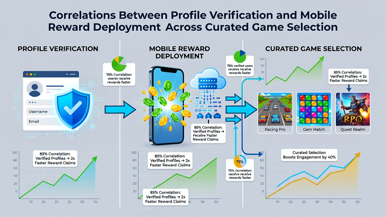 Data visualization of correlations between verified profiles and reward deployment rates across different mobile game categories