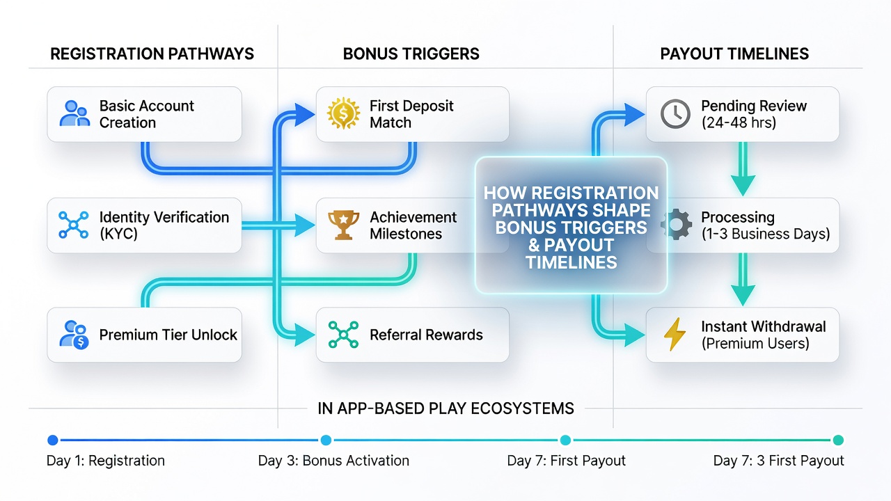 Flowchart illustrating how registration steps connect to bonus triggers and withdrawal processing timelines