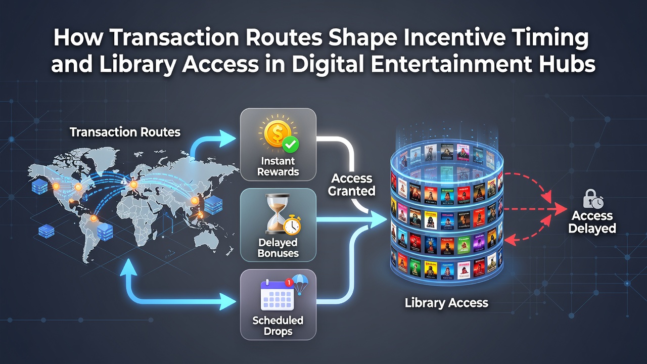Digital entertainment hub interface showing transaction pathways and incentive unlocks across mobile platforms