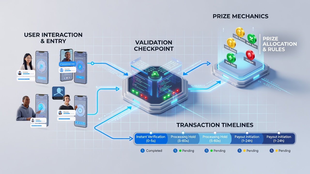 Diagram showing how validation checkpoints affect transaction timelines adn prize distribution in mobile gaming apps