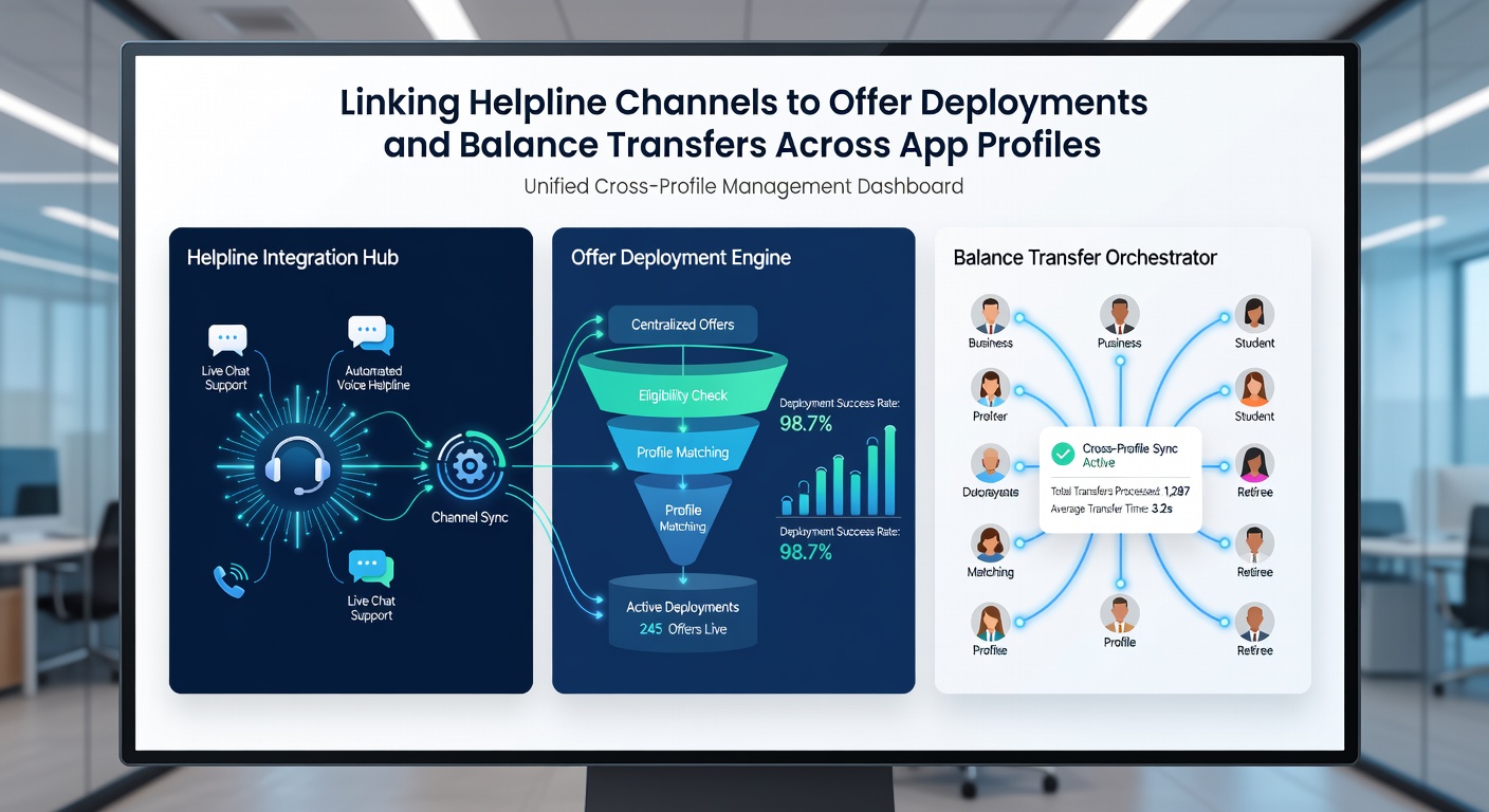 Mobile app interface displaying linked helpline support, active offers, and balance transfer options across user profiles