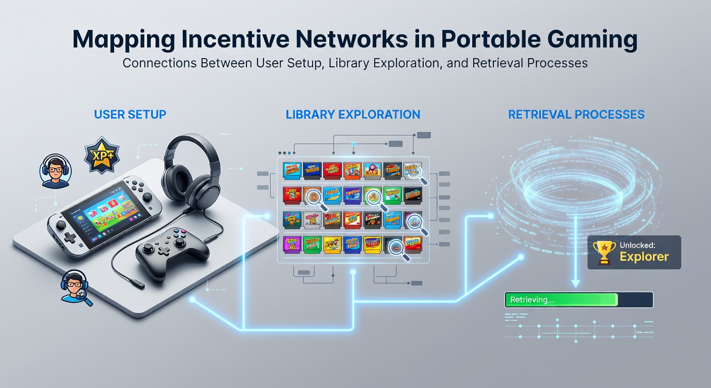 Diagram showing interconnected elements of user setup, game library browsing, and reward retrieval in mobile gaming platforms