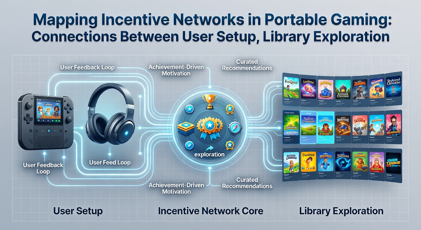 Flowchart illustrating data flows between account setup, content library navigation, and incentive retrieval steps in portable gaming apps