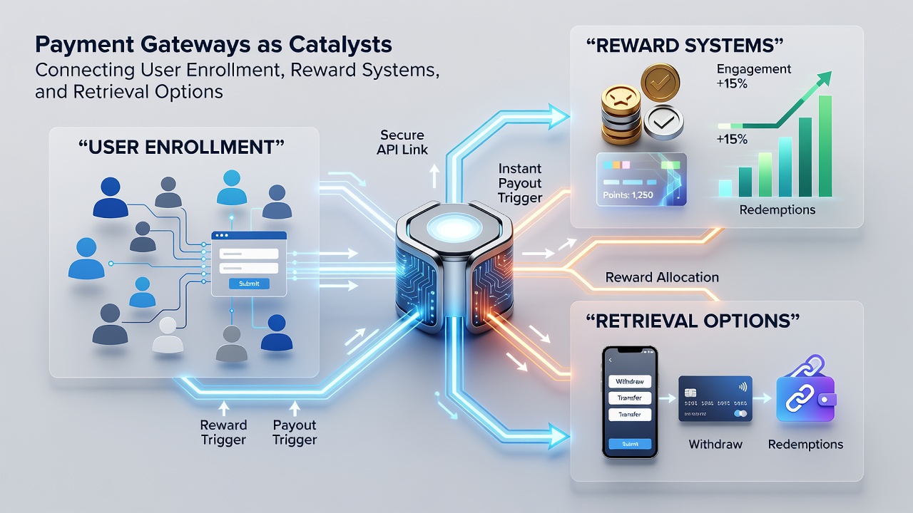 Mobile interface showing payment gateway connections between rewards and withdrawal sequences