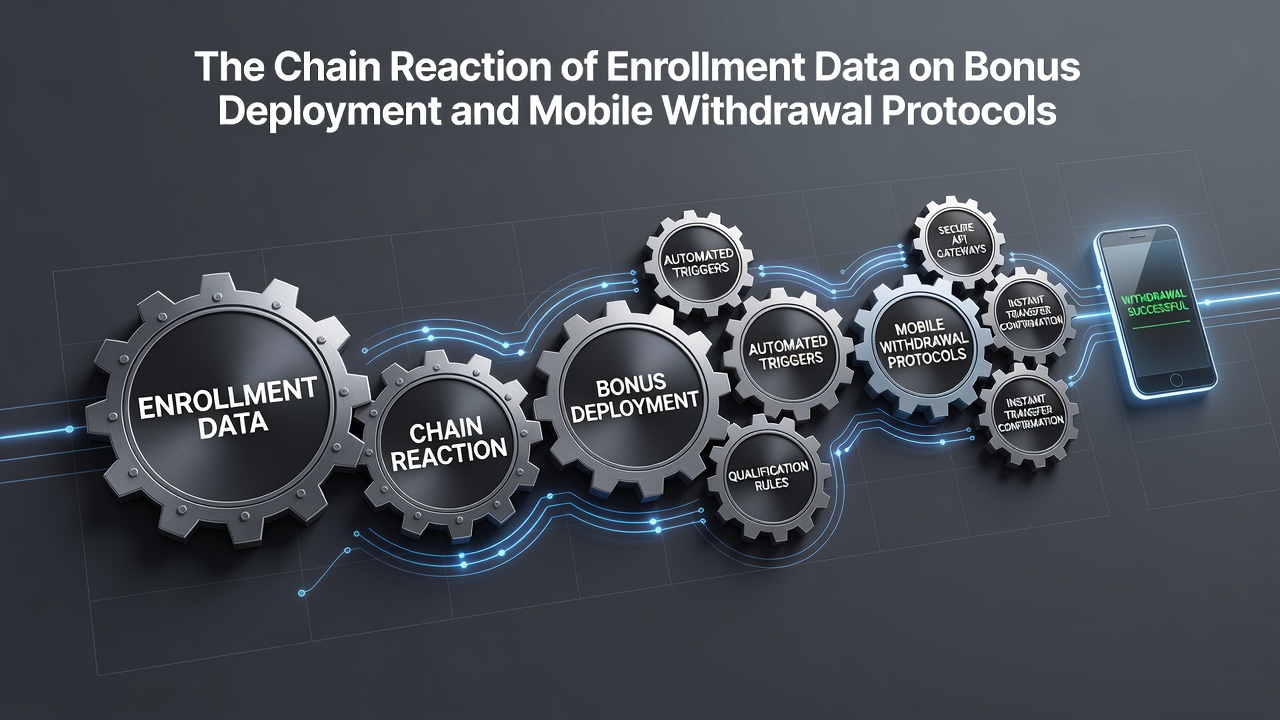 Diagram showing data flow from user enrollment to bonus activation and mobile withdrawals