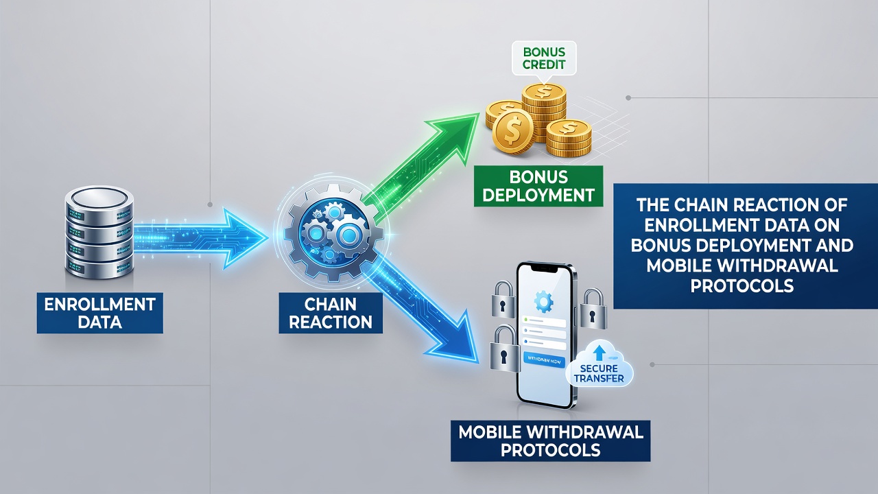 Flowchart illustrating enrollment data impacting bonus systems and withdrawal timelines on mobile apps