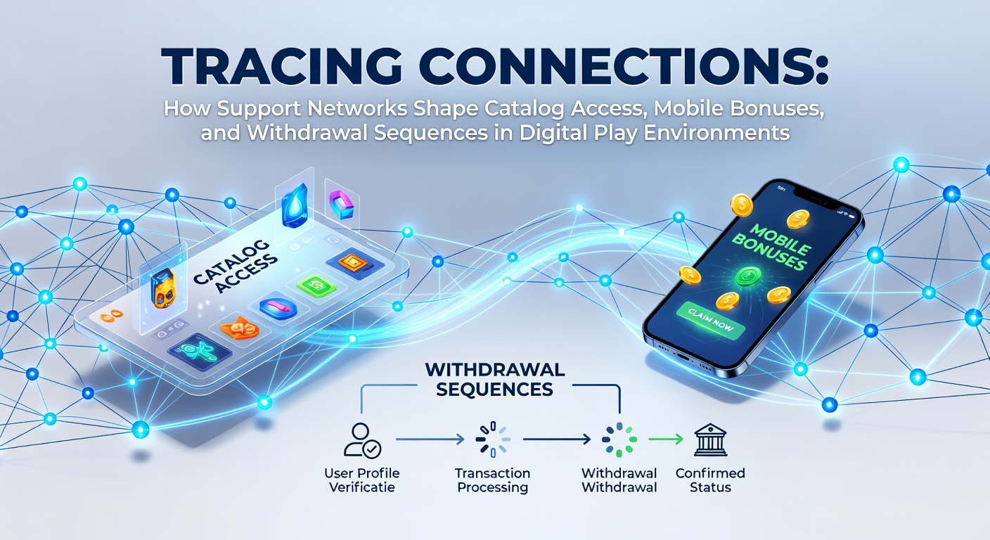 Illustration of interconnected support systems in digital gaming platforms showing catalog navigation, mobile interfaces, and transaction flows