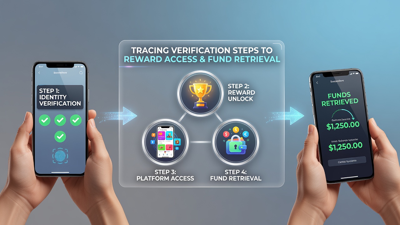 Smartphone screen showing verification steps for mobile entertainment platform rewards and fund retrieval
