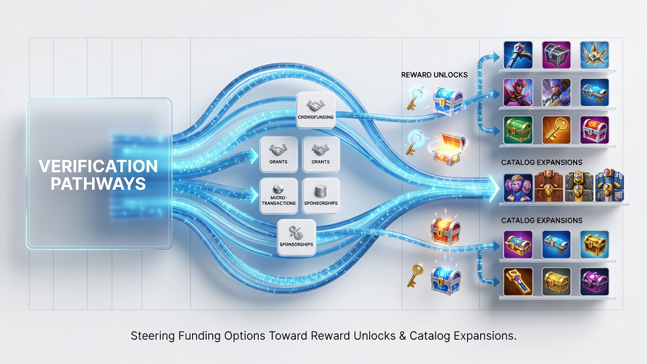 Illustration of mobile app verification process connecting user accounts to funding methods and reward systems