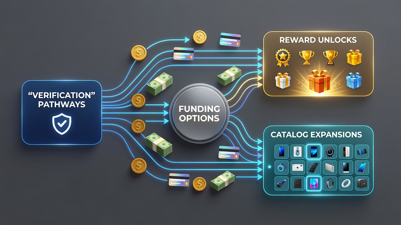 Diagram showing funding routes leading to reward unlocks and expanded game catalogs in mobile apps